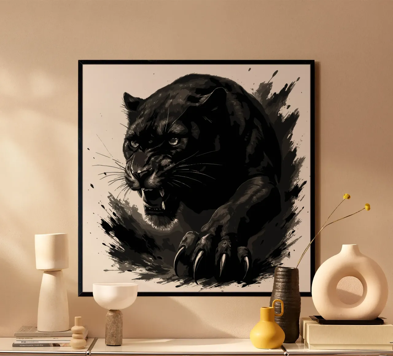 Pantera Nera - Balzo feroce - Effetto vernice a inchiostro poster con telaio in alluminio da LM2KONE