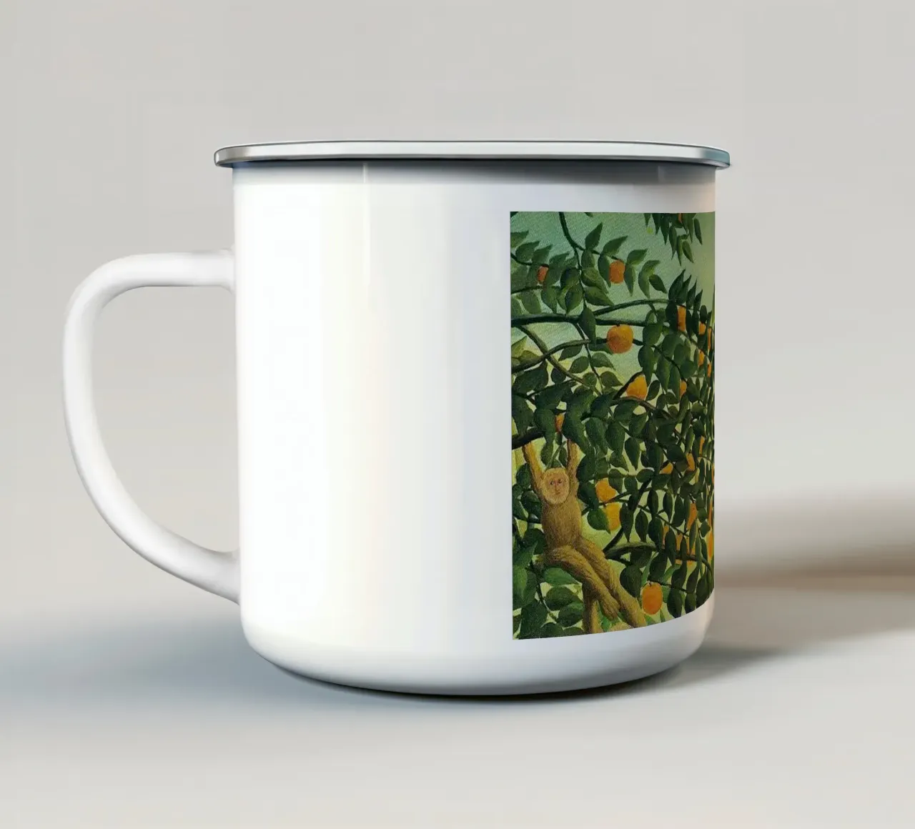 scimmia appesa a un albero tazza in smalto da taylor shop
