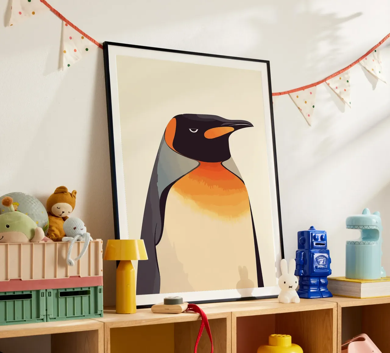 pinguino uccello animale fauna selvatica piume poster con telaio in plastica da Karin M Fried
