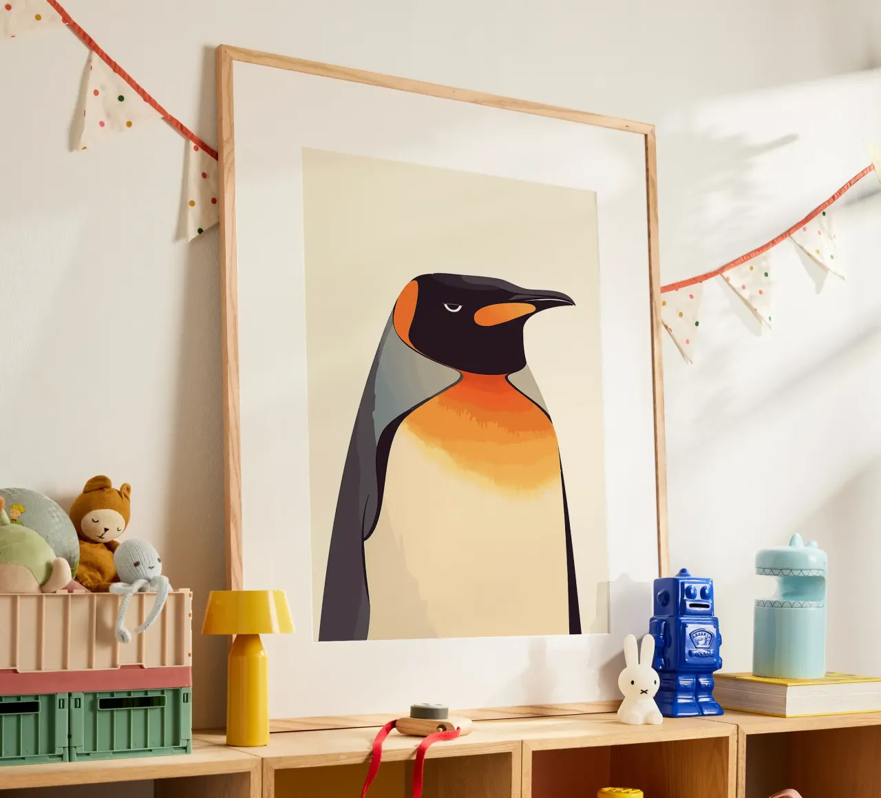 pinguino uccello animale fauna selvatica piume poster con telaio in plastica da Karin M Fried