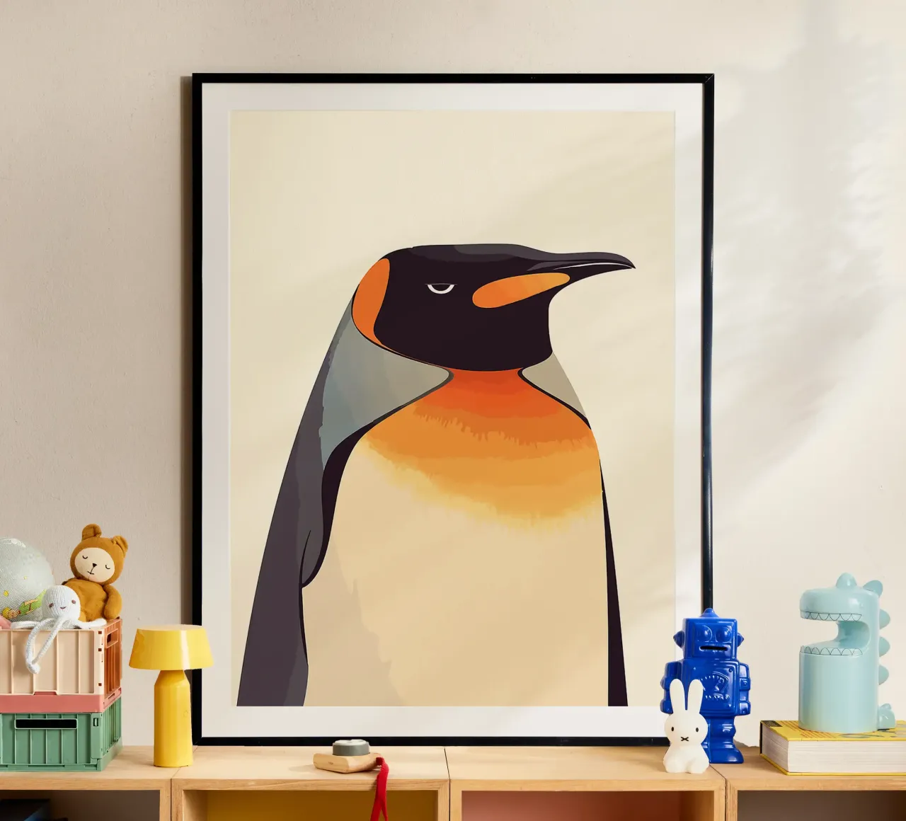 pinguino uccello animale fauna selvatica piume poster con telaio in plastica da Karin M Fried