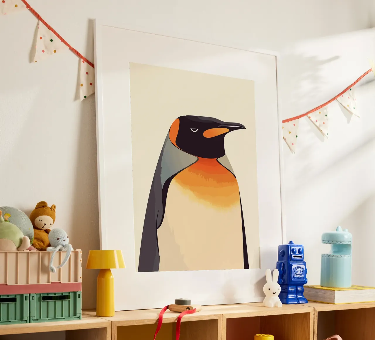 pinguino uccello animale fauna selvatica piume poster con telaio in plastica da Karin M Fried