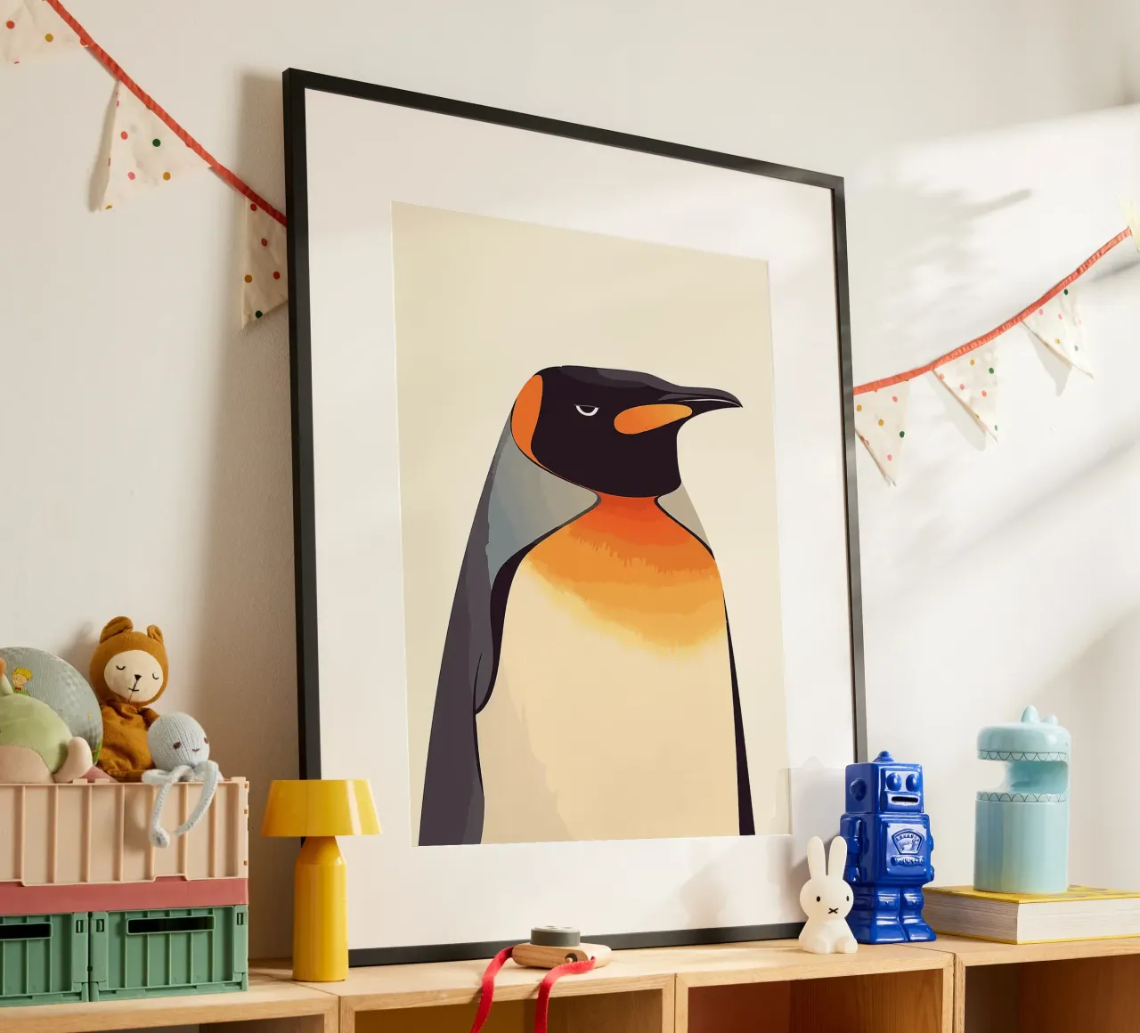pinguino uccello animale fauna selvatica piume poster con telaio in plastica da Karin M Fried
