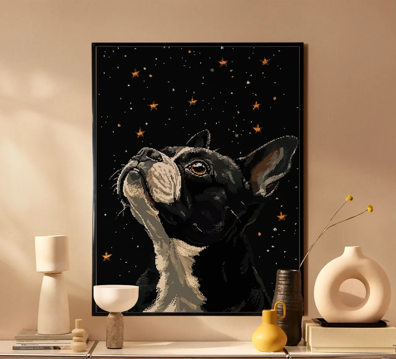 Pixel cane stelle notte bianco e nero poster con telaio in alluminio da Karin M Fried