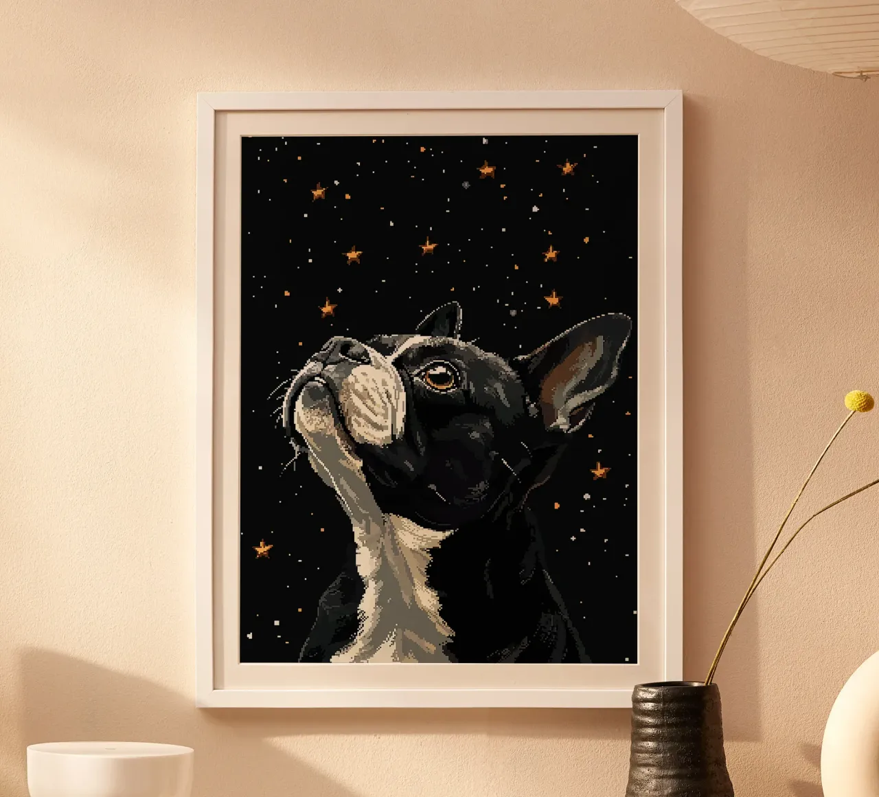 Pixel cane stelle notte bianco e nero poster con telaio in alluminio da Karin M Fried