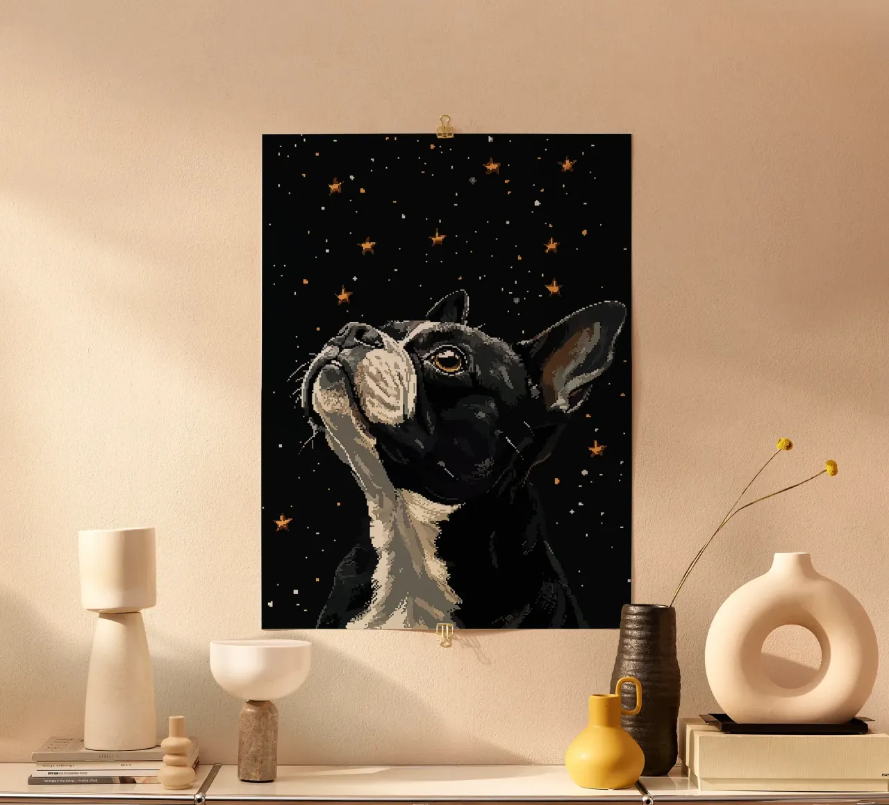 Pixel cane stelle notte bianco e nero poster con telaio in alluminio da Karin M Fried