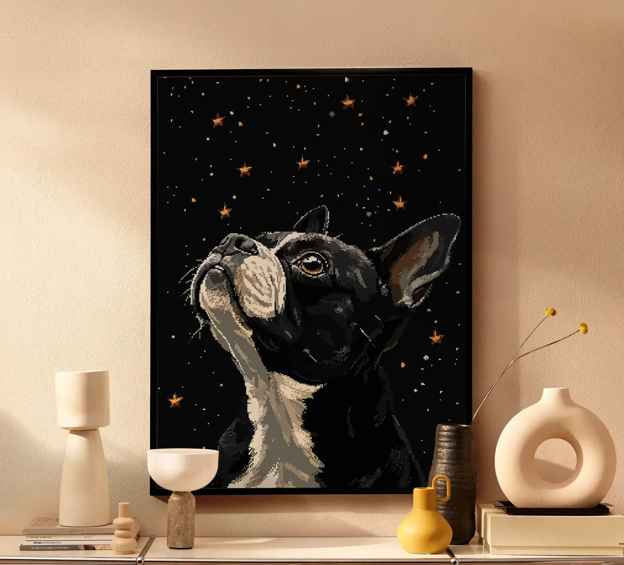 Pixel cane stelle notte bianco e nero poster con telaio in alluminio da Karin M Fried