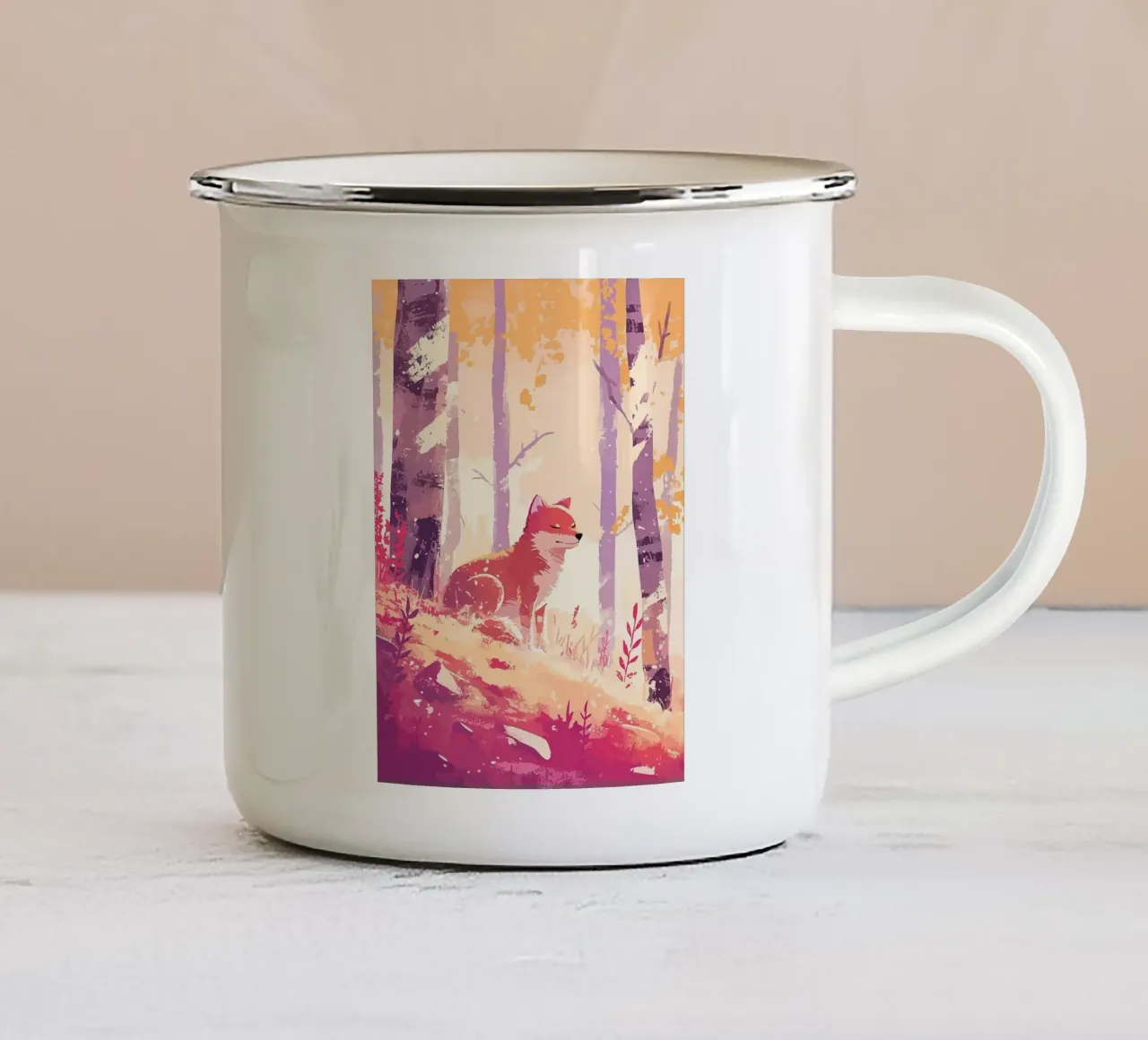 volpe foresta alberi tramonto fogliame autunno tazza in smalto da Karin M Fried