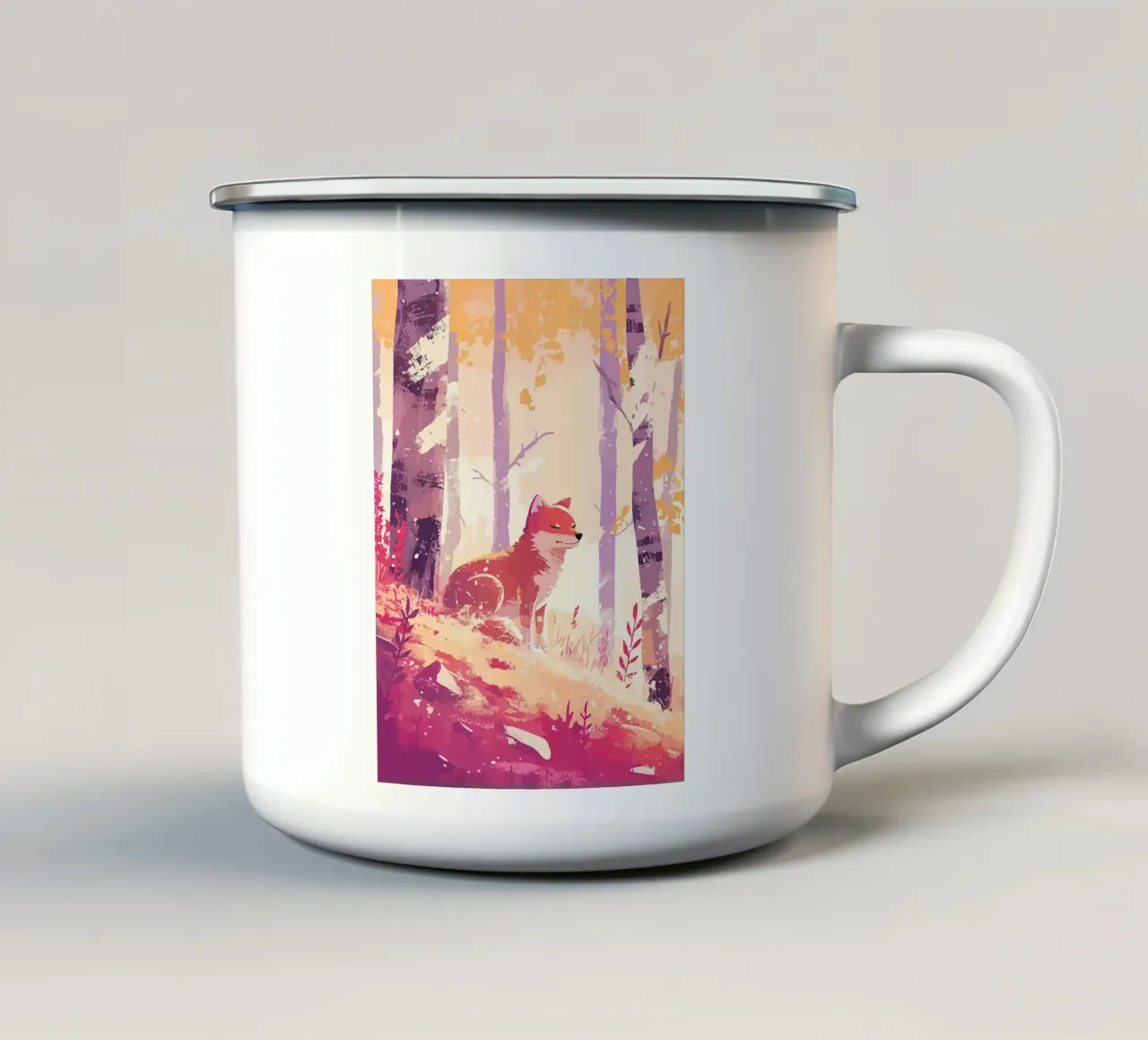 volpe foresta alberi tramonto fogliame autunno tazza in smalto da Karin M Fried