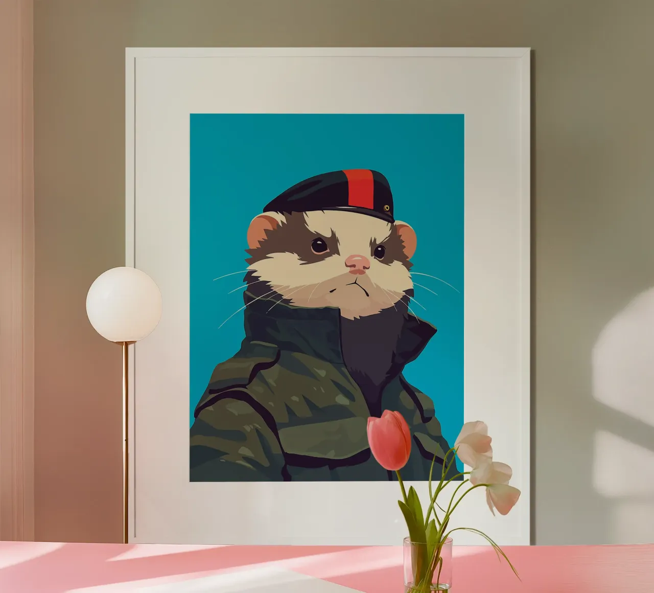 cappello uniforme animale furetto militare poster con telaio in alluminio da Karin M Fried