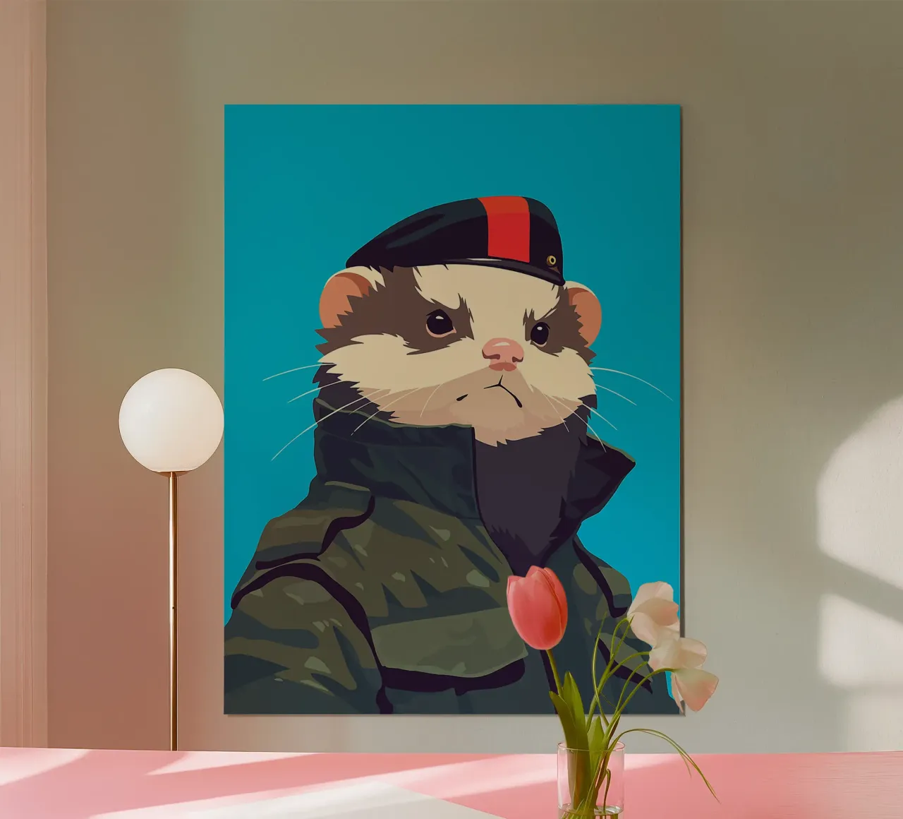 cappello uniforme animale furetto militare poster con telaio in alluminio da Karin M Fried