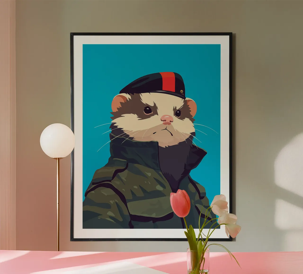 cappello uniforme animale furetto militare poster con telaio in alluminio da Karin M Fried