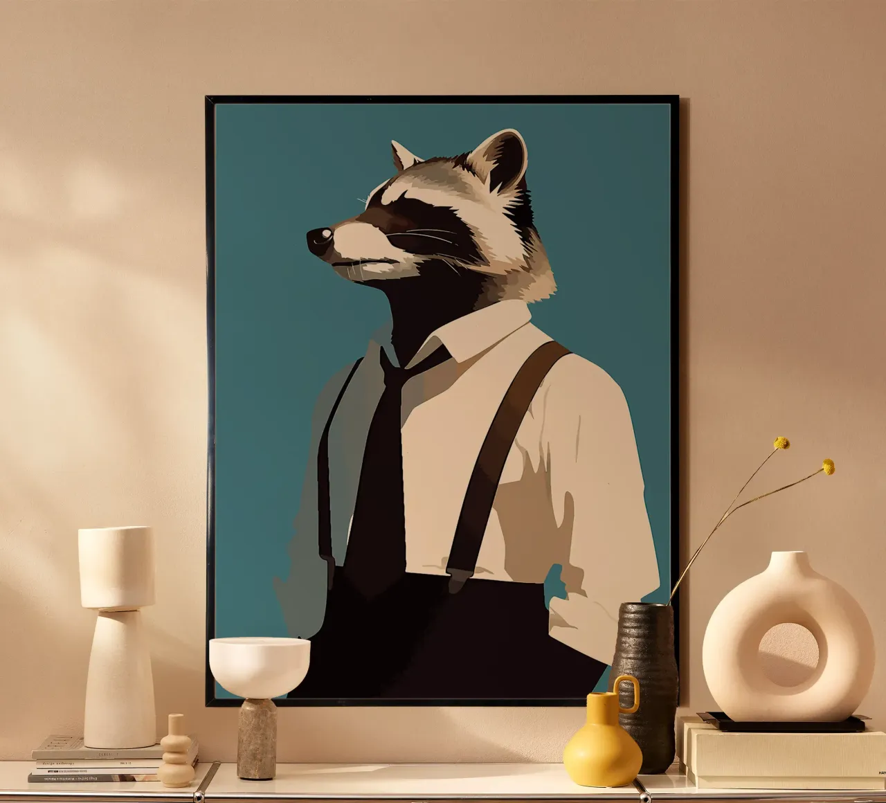 procione animale vestito camicia cravatta poster con telaio in legno da Karin M Fried