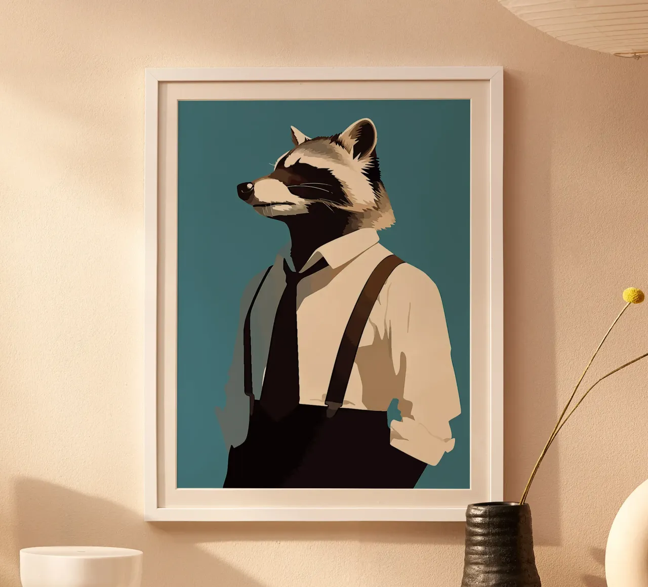 procione animale vestito camicia cravatta poster con telaio in legno da Karin M Fried