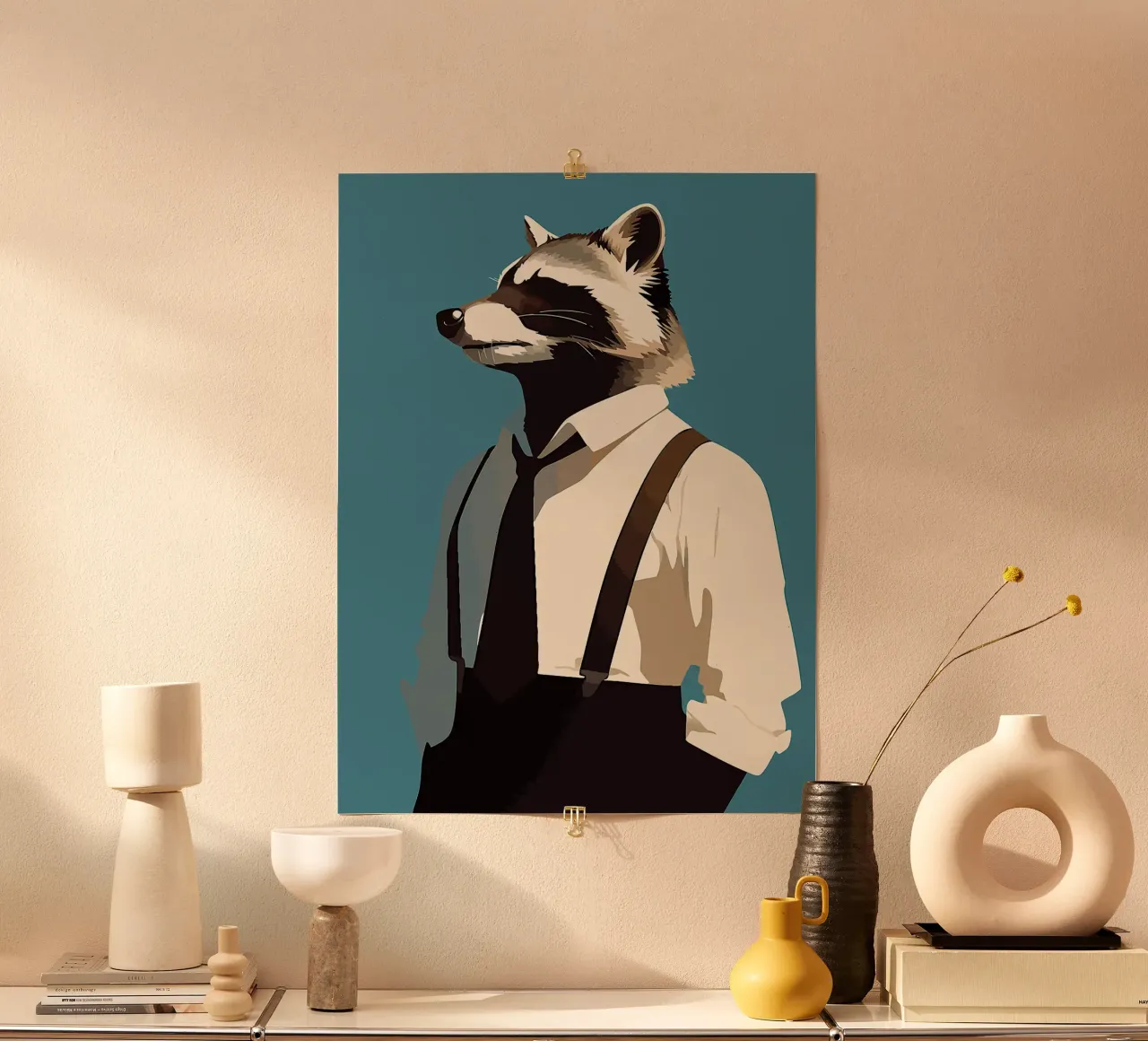 procione animale vestito camicia cravatta poster con telaio in legno da Karin M Fried