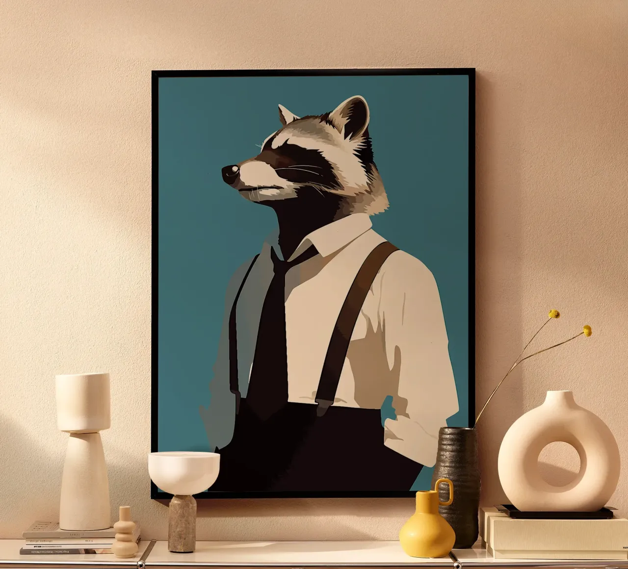 procione animale vestito camicia cravatta poster con telaio in legno da Karin M Fried