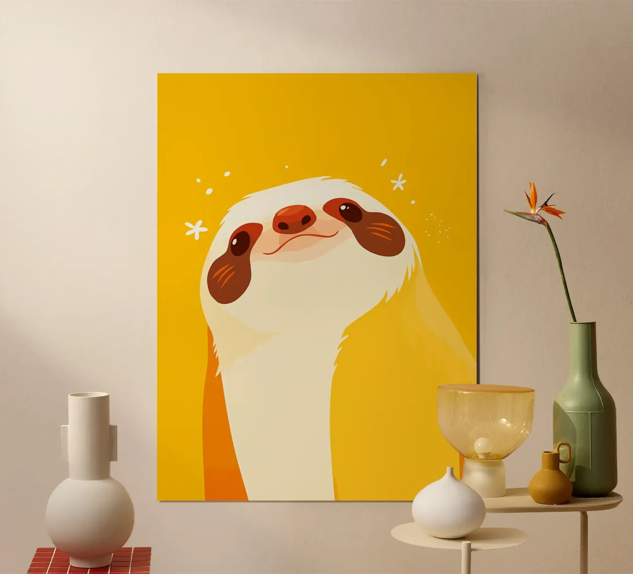 bradipo sorriso giallo arancio cartone animato poster con telaio in legno da Frank J Weissmuller