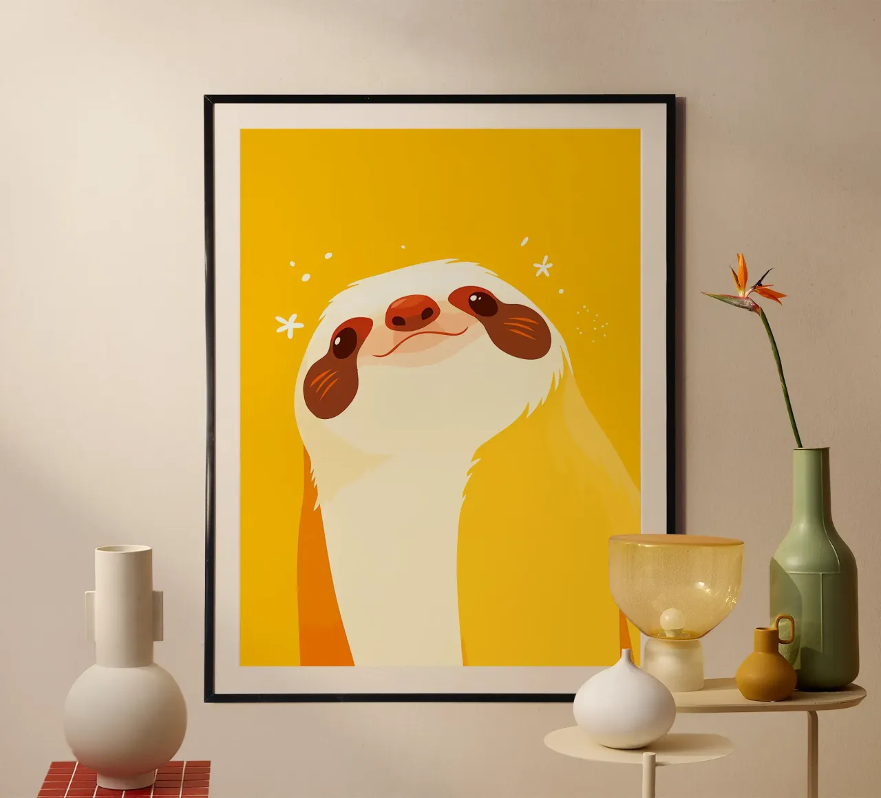 bradipo sorriso giallo arancio cartone animato poster con telaio in legno da Frank J Weissmuller