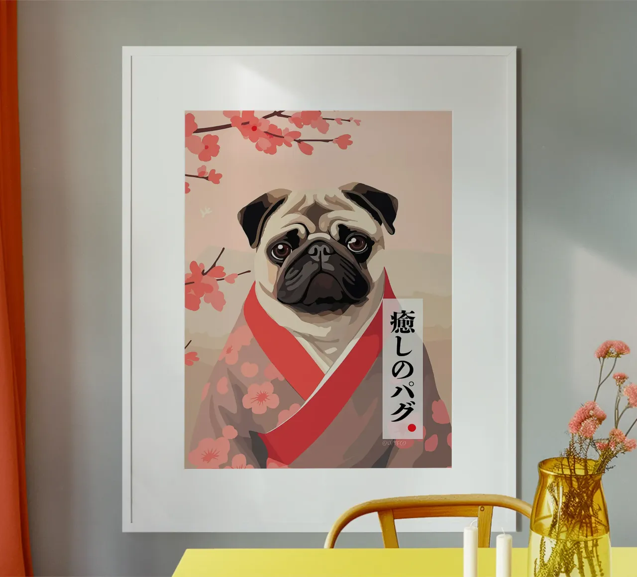 cane carlino kimono fiori di ciliegio poster con telaio in legno da Frank J Weissmuller
