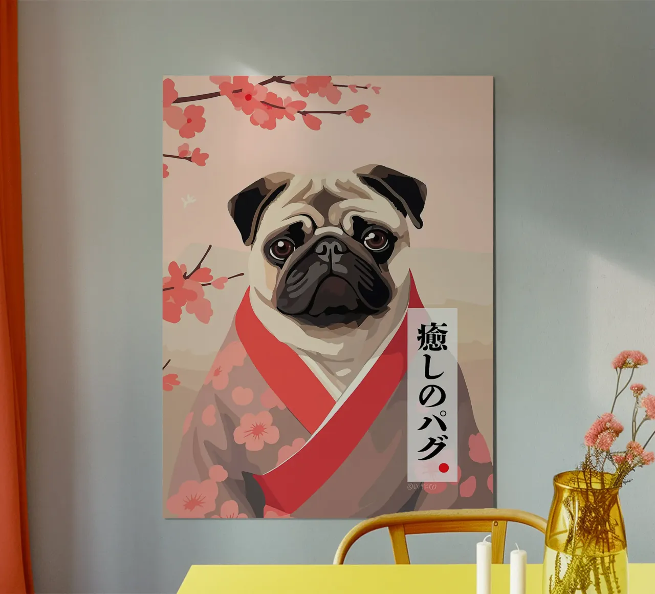 cane carlino kimono fiori di ciliegio poster con telaio in legno da Frank J Weissmuller