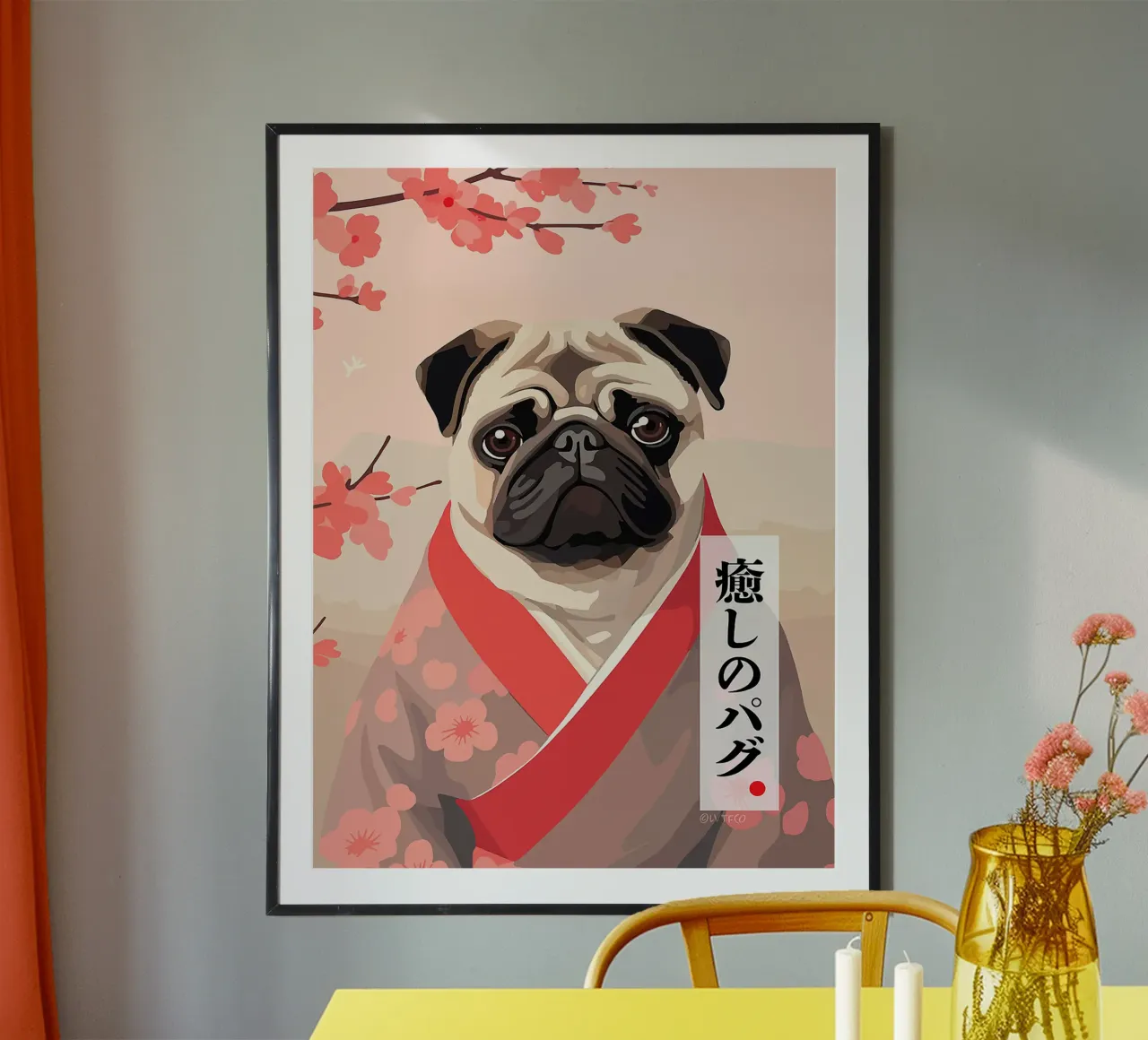 cane carlino kimono fiori di ciliegio poster con telaio in legno da Frank J Weissmuller