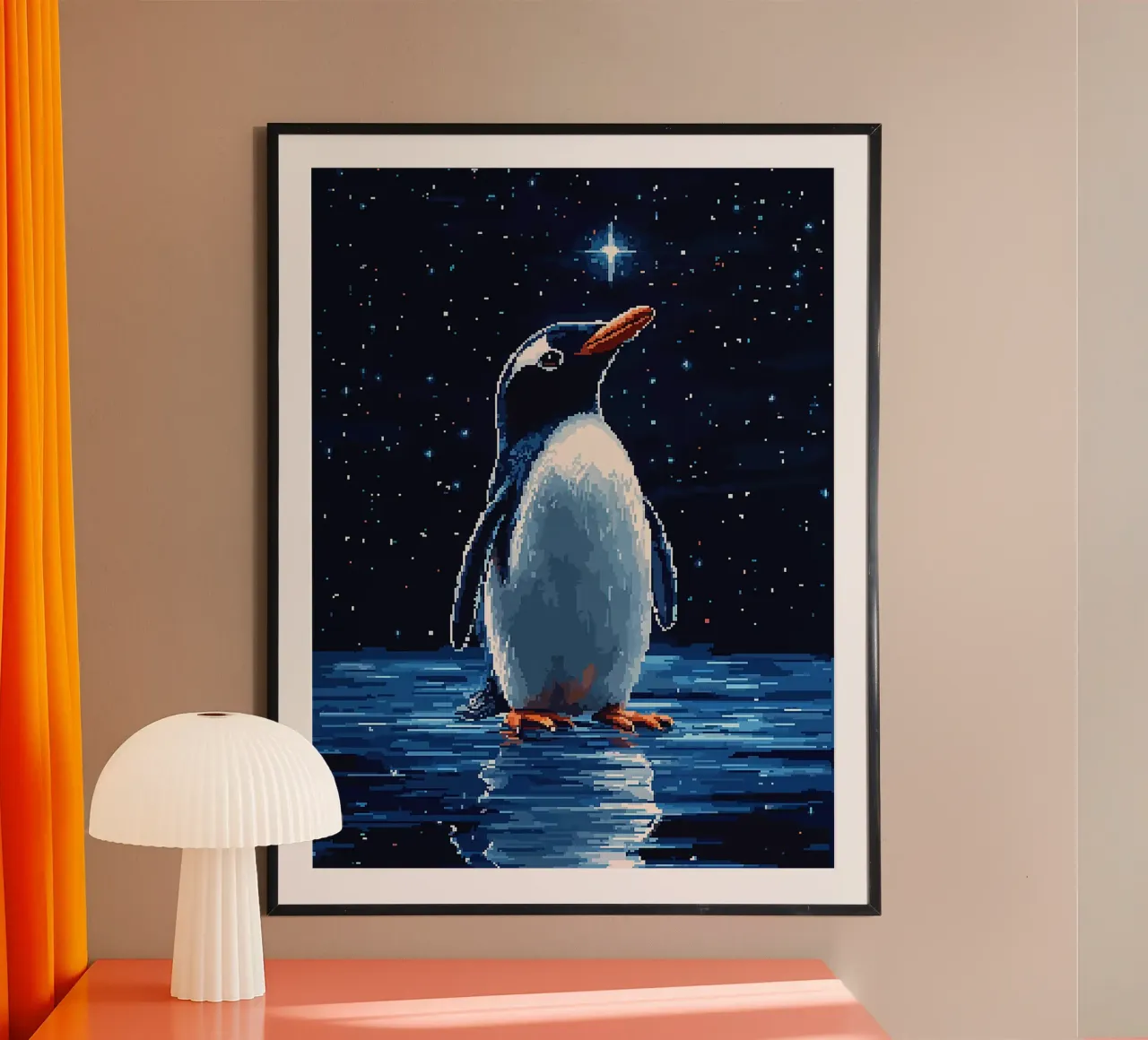pinguino notte cielo stelle riflessione poster con telaio in alluminio da Frank J Weissmuller