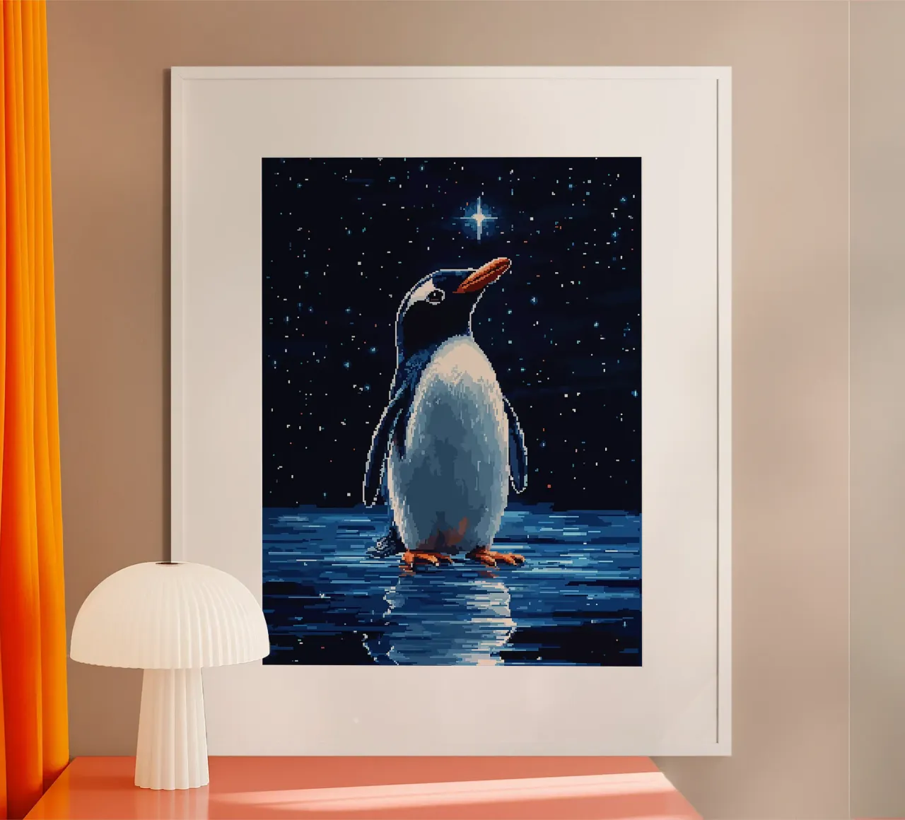 pinguino notte cielo stelle riflessione poster con telaio in alluminio da Frank J Weissmuller