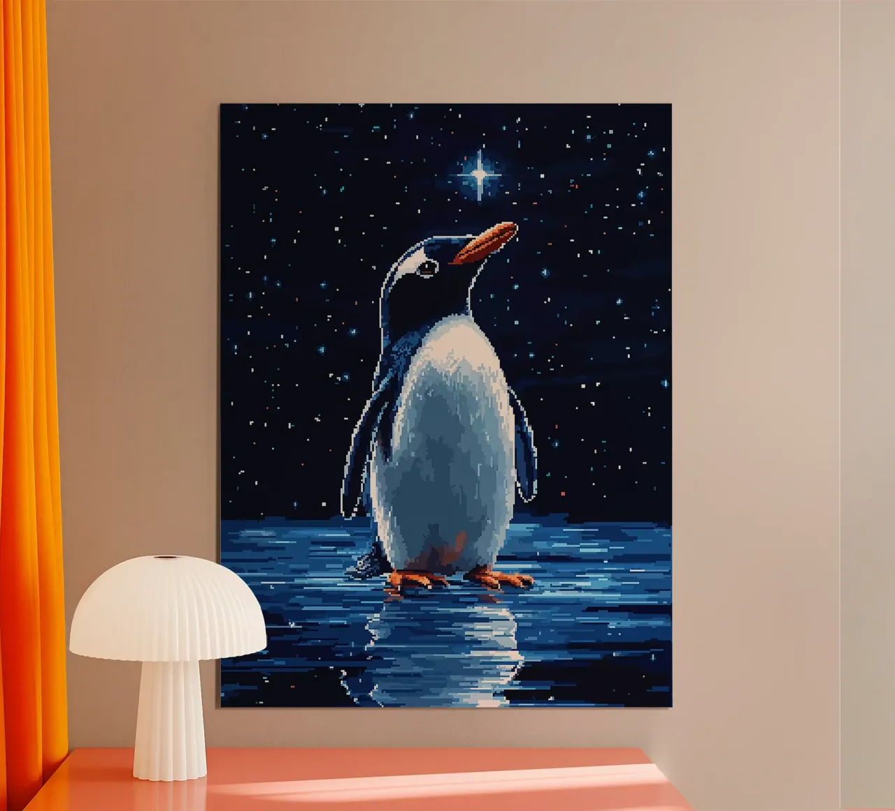 pinguino notte cielo stelle riflessione poster con telaio in alluminio da Frank J Weissmuller
