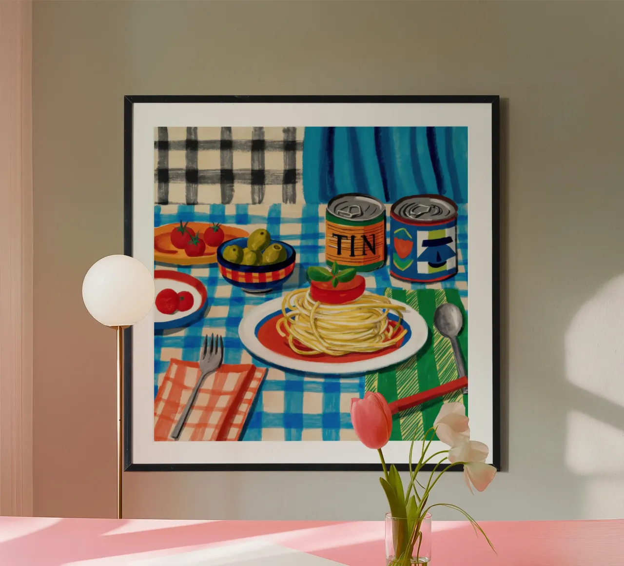 Prodotti in scatola Spaghetti poster con telaio in legno da Lyra Glaze