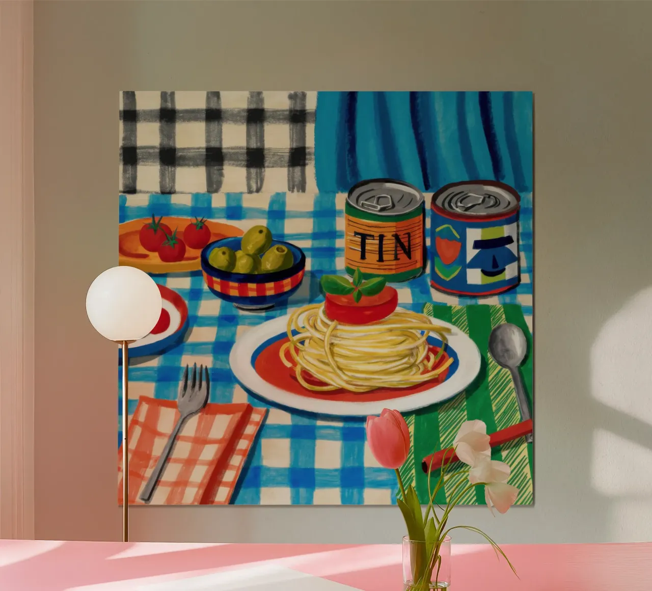 Prodotti in scatola Spaghetti poster con telaio in legno da Lyra Glaze