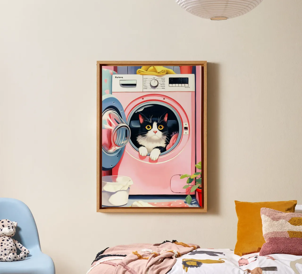 Gezellige kat in wasmachine canvas met Baklijst van Voxel Visionaries