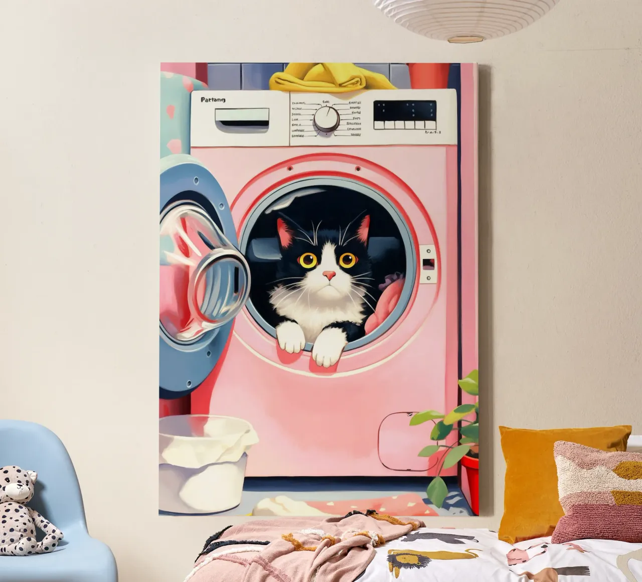 Gezellige kat in wasmachine canvas met Baklijst van Voxel Visionaries