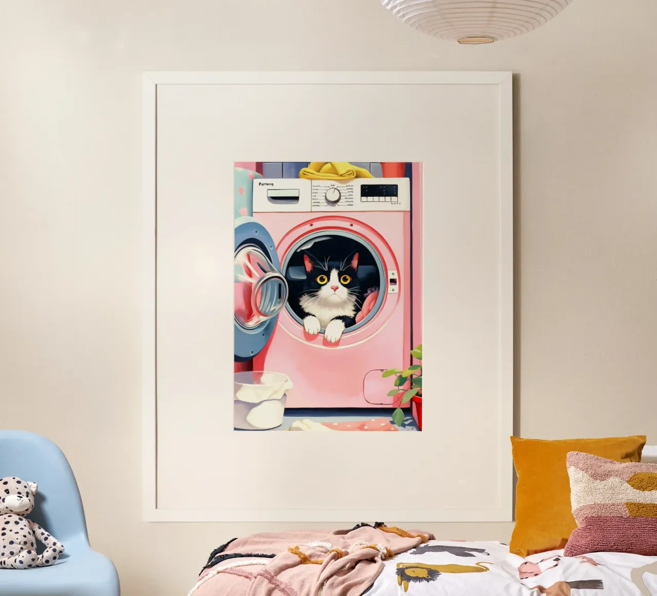 Gezellige kat in wasmachine poster met aluminium frame van Voxel Visionaries