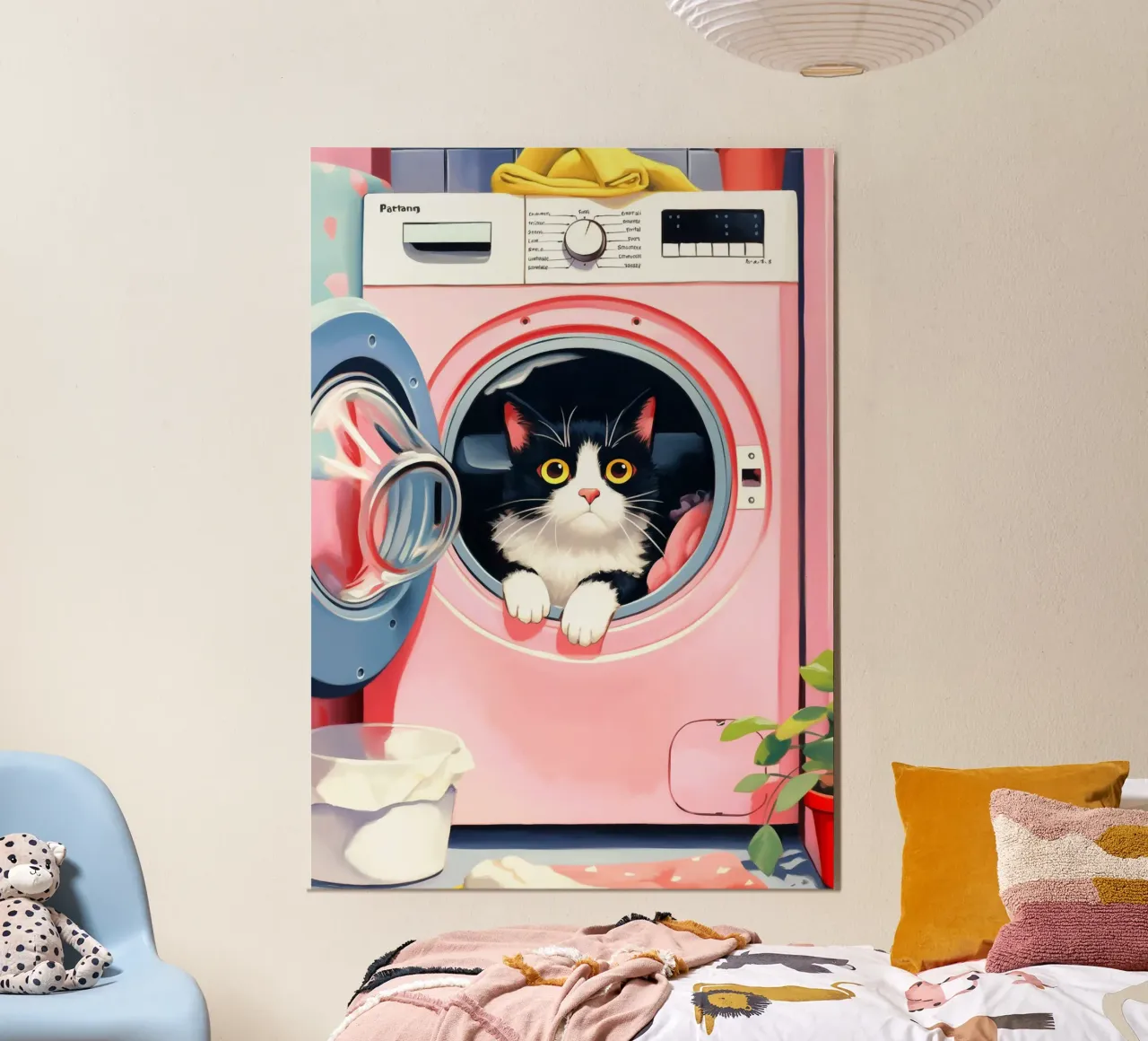 Gezellige kat in wasmachine poster met aluminium frame van Voxel Visionaries