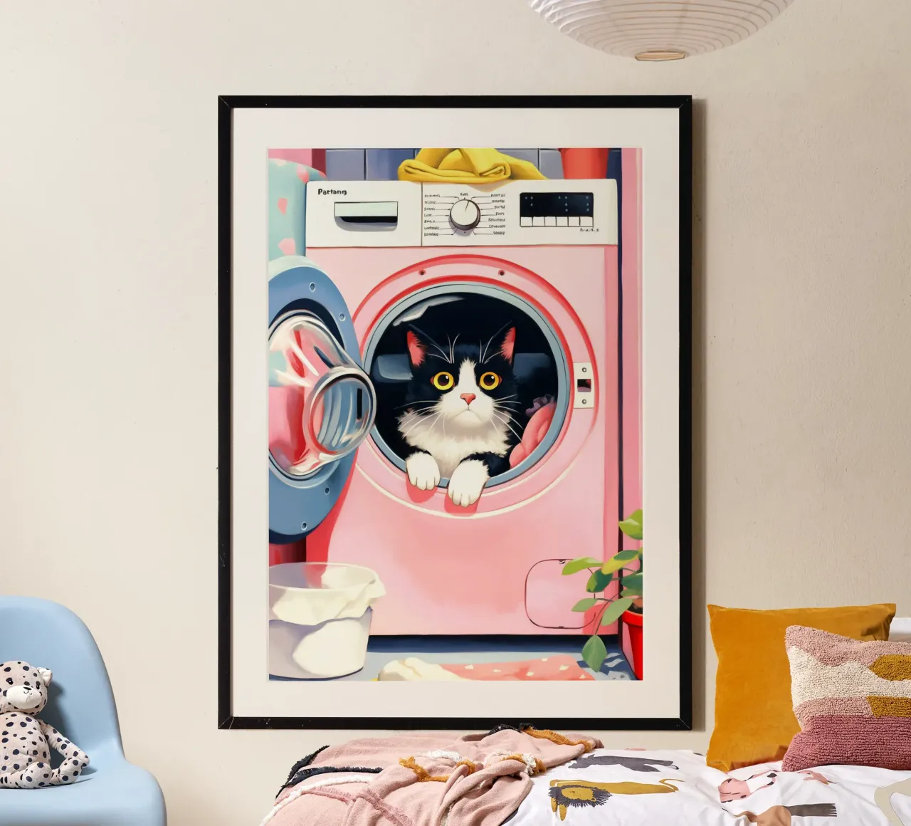 Gezellige kat in wasmachine poster met aluminium frame van Voxel Visionaries