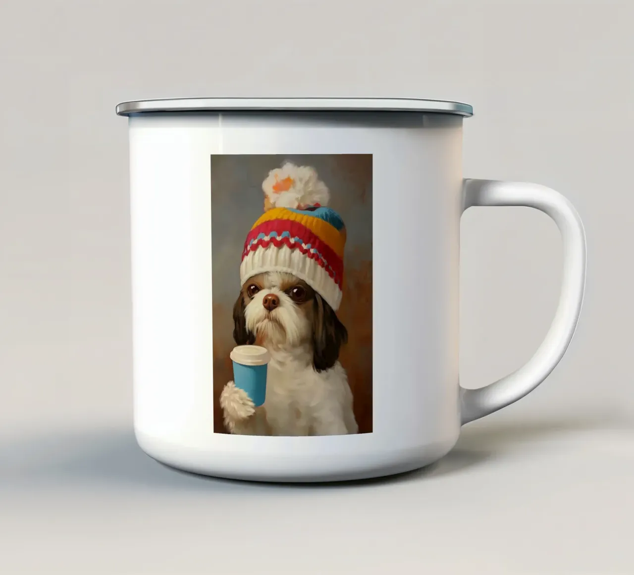 Il cane accogliente beve il caffè tazza in smalto da Voxel Visionaries