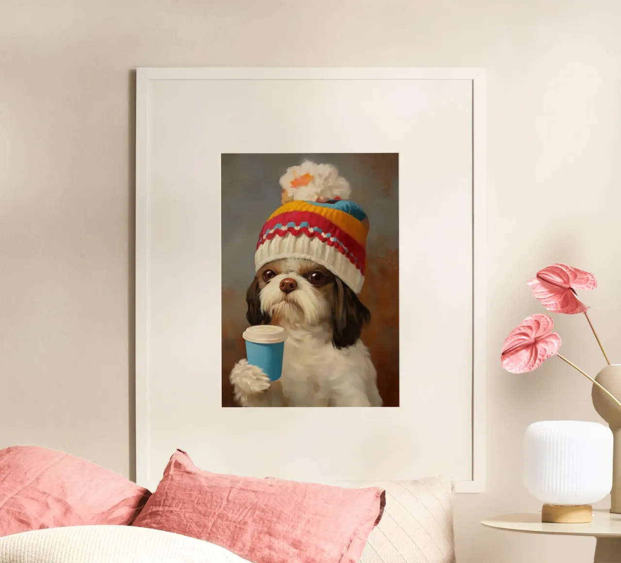 Il cane accogliente beve il caffè poster da Voxel Visionaries