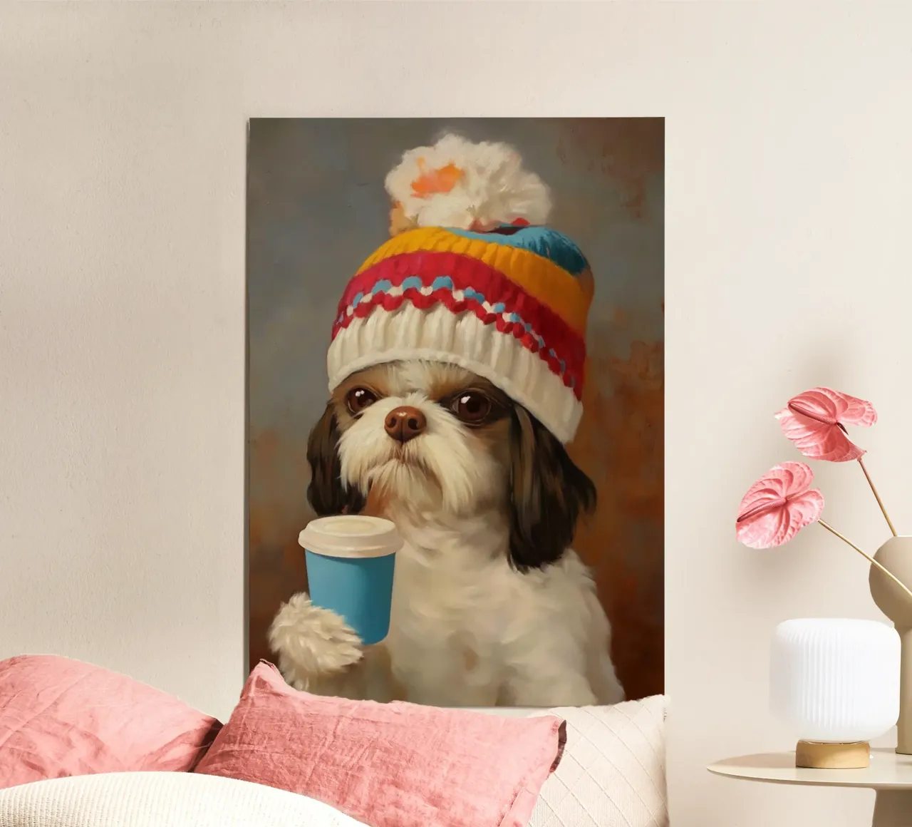 Il cane accogliente beve il caffè poster da Voxel Visionaries
