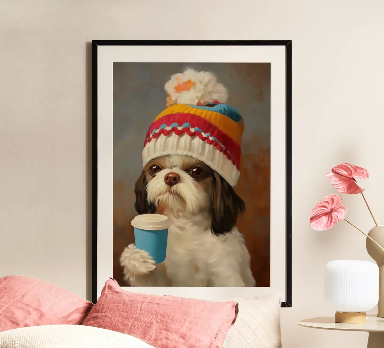 Il cane accogliente beve il caffè poster da Voxel Visionaries