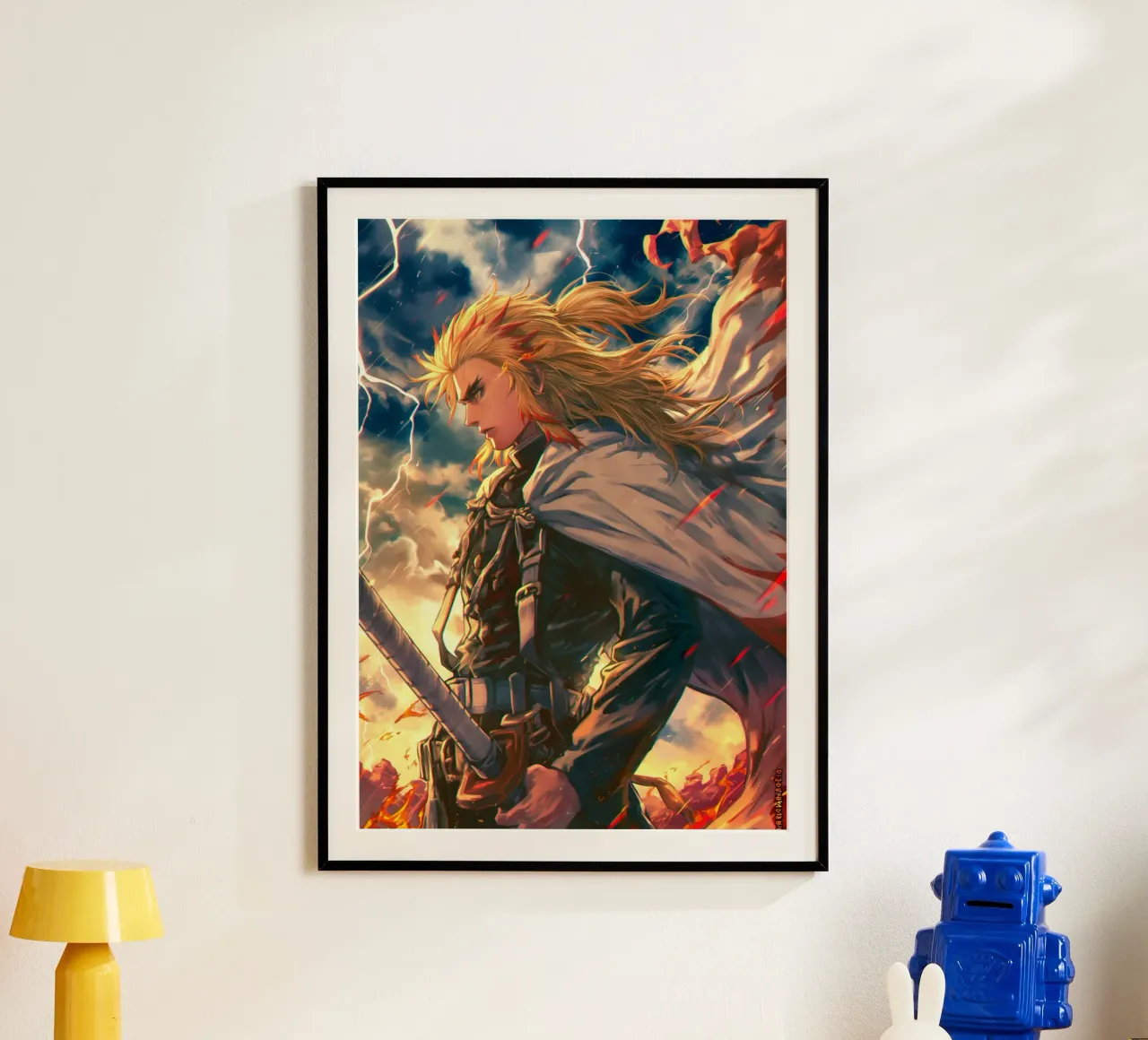 Kyojuro Rengoku Uccisore di demoni poster con telaio in legno da Voxel Visionaries