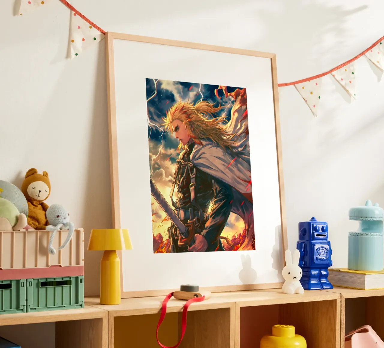 Kyojuro Rengoku Uccisore di demoni poster con telaio in legno da Voxel Visionaries