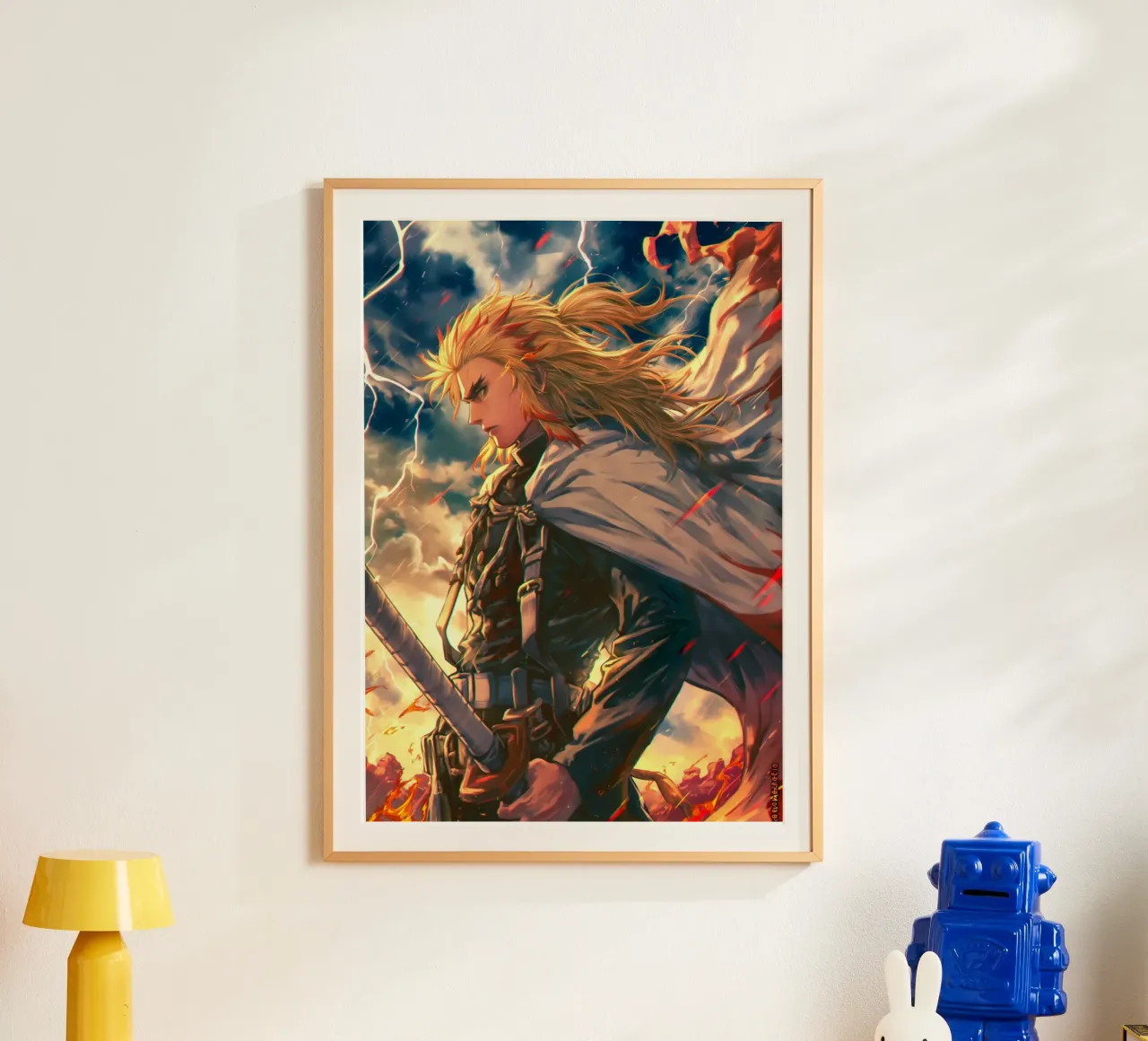 Kyojuro Rengoku Uccisore di demoni poster con telaio in legno da Voxel Visionaries