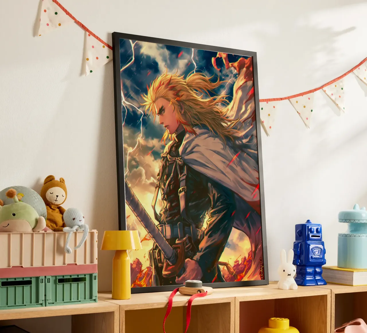 Kyojuro Rengoku Uccisore di demoni poster con telaio in legno da Voxel Visionaries