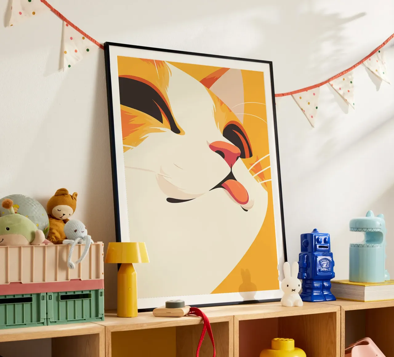 gatto lingua baffi orecchie naso arancione poster con telaio in plastica da Franziska Richter