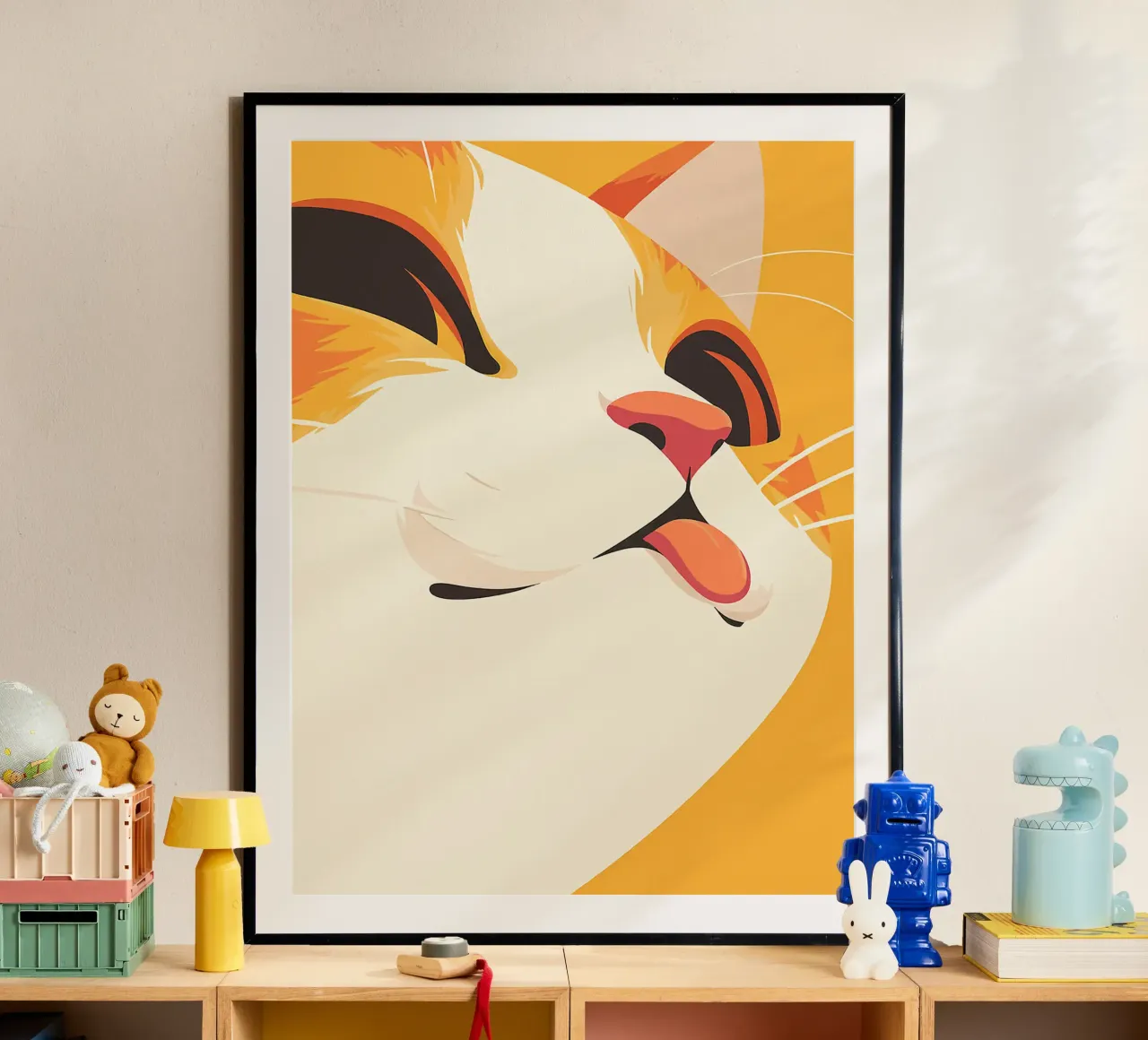gatto lingua baffi orecchie naso arancione poster con telaio in plastica da Franziska Richter