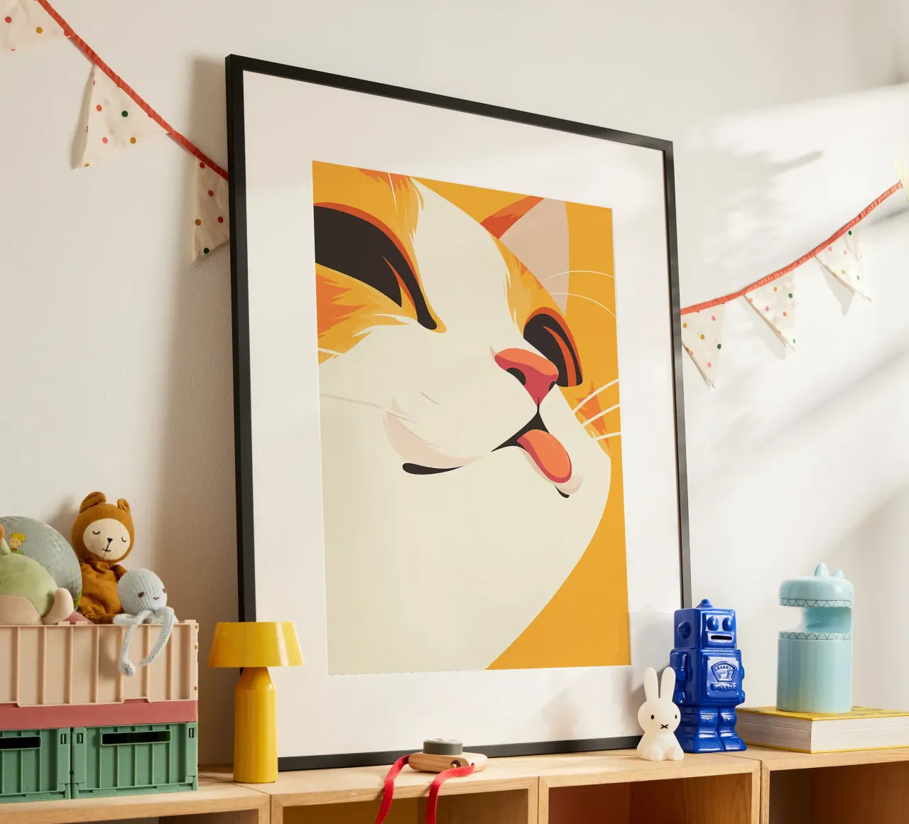 gatto lingua baffi orecchie naso arancione poster con telaio in plastica da Franziska Richter