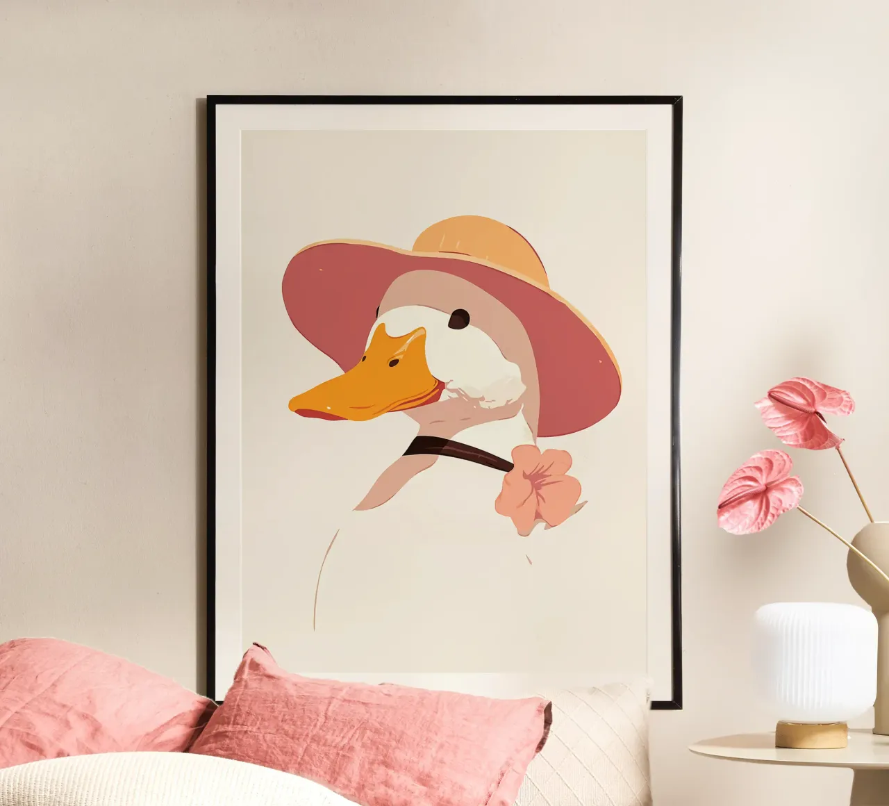 anatra cappello fiore animale uccello poster con telaio in legno da Franziska Richter