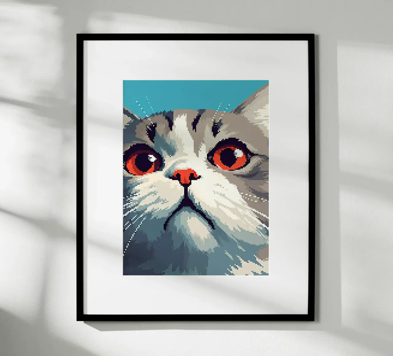 Pixel gatto felino animale domestico baffi pelliccia poster con telaio in legno da Franziska Richter
