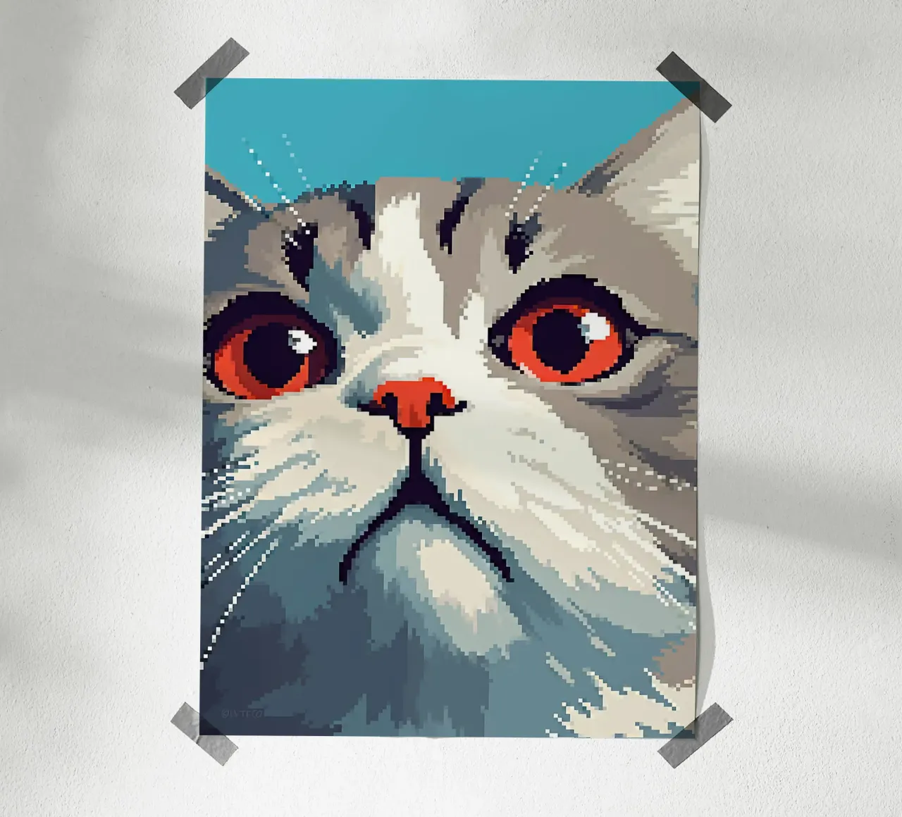 Pixel gatto felino animale domestico baffi pelliccia poster con telaio in legno da Franziska Richter