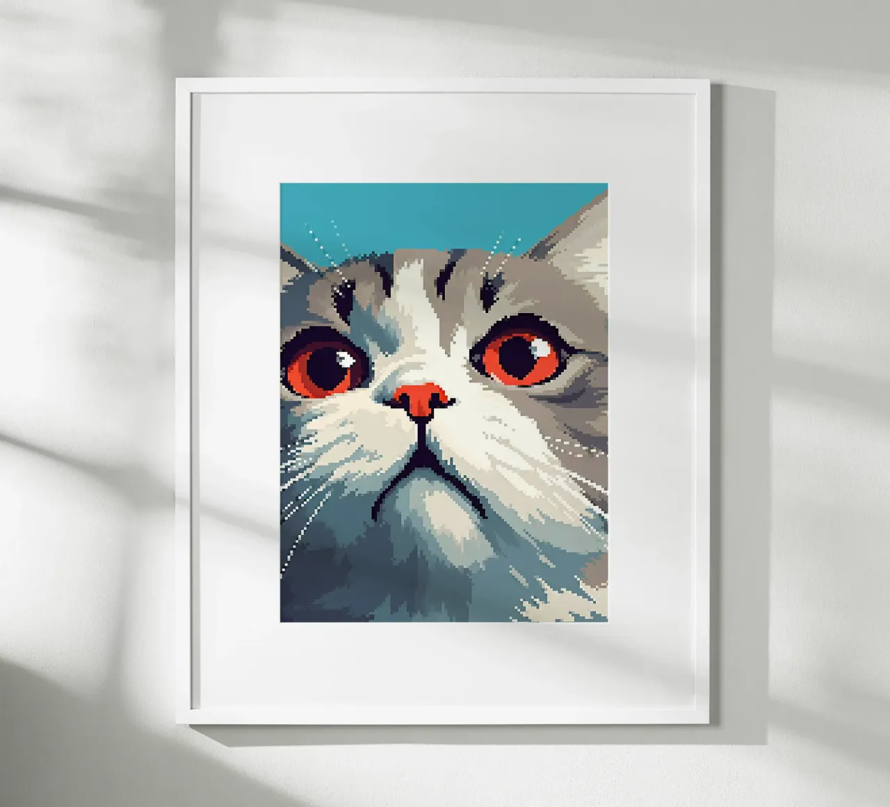 Pixel gatto felino animale domestico baffi pelliccia poster con telaio in legno da Franziska Richter